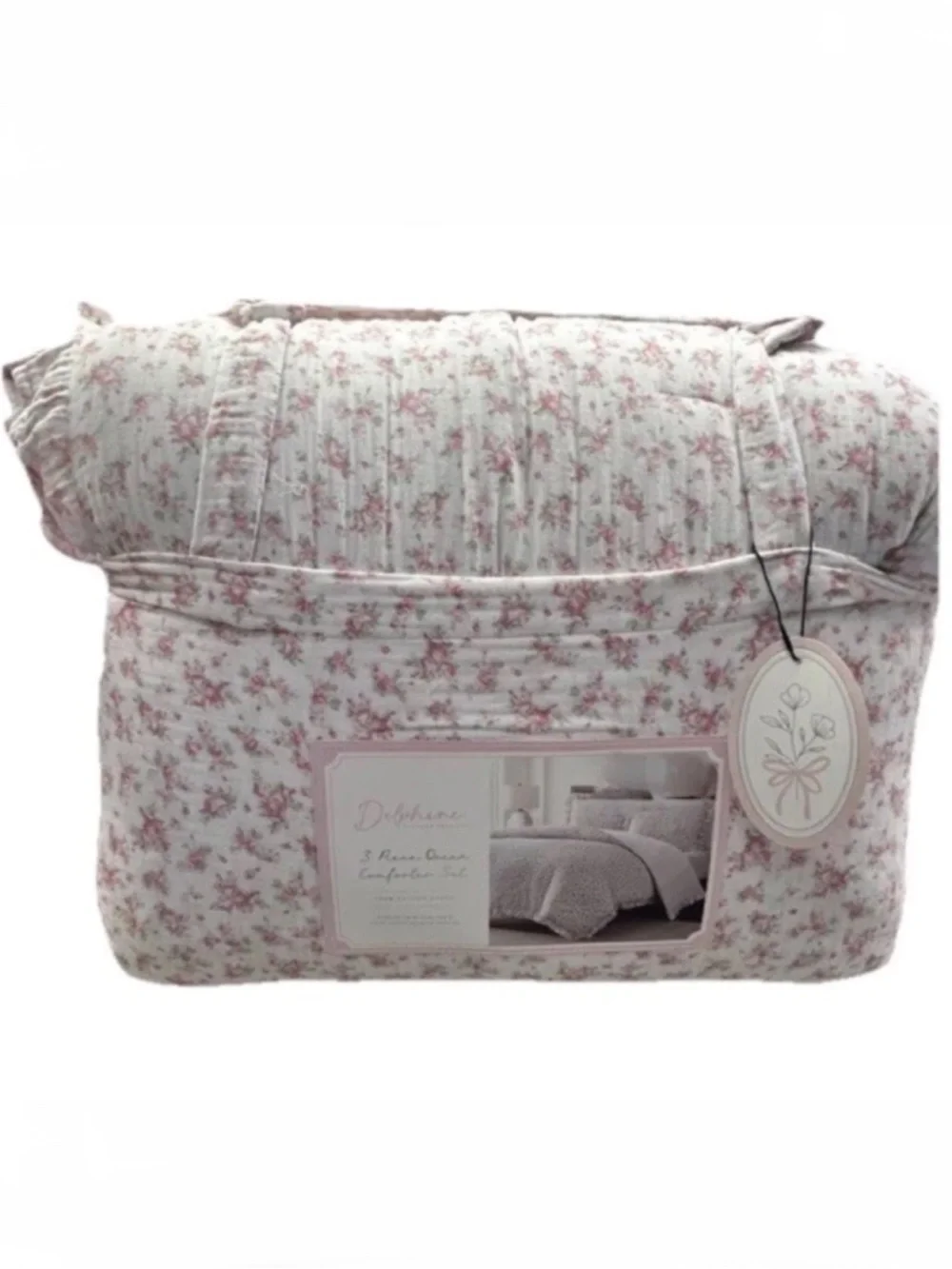 Delphine Queen Pink, White and Green Floral Cotton Gauze Comforter Set 90”x90”